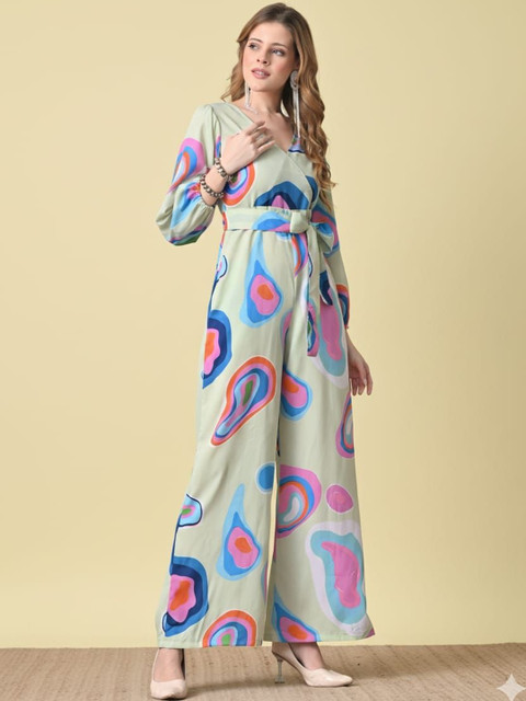 SZN Printed V Neck Long Sleeves Waist Tie-Ups Basic Jumpsuit