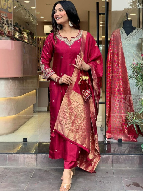 S.K.C Women Ethnic Motifs Embroidered Regular Thread Work Chanderi Silk Kurta with Trousers & With Dupatta