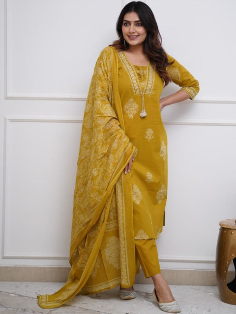 HERE&NOW Women Ethnic Motifs Printed Regular Mirror Work Pure Cotton Kurta with Trousers & With Dupatta