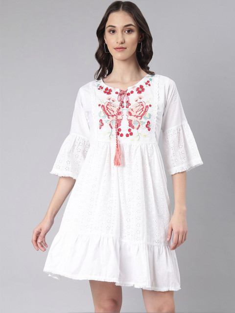 SHOWOFFFF Floral Embroidered Flared Sleeve A-Line Dress