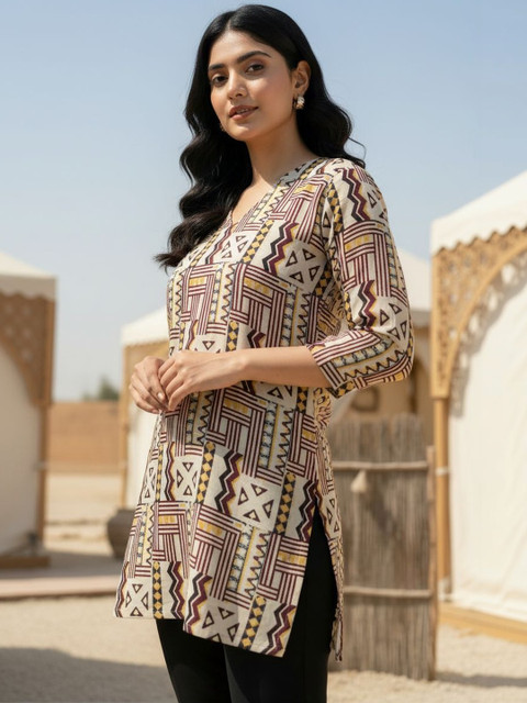 Anouk Rustic Geometric Printed V-Neck Pure Cotton Kurti