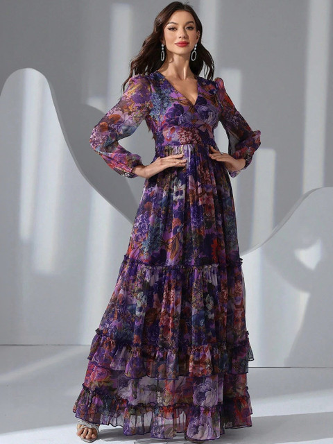 LERIYA FASHION Floral Print Ruffled Crepe Maxi Dress