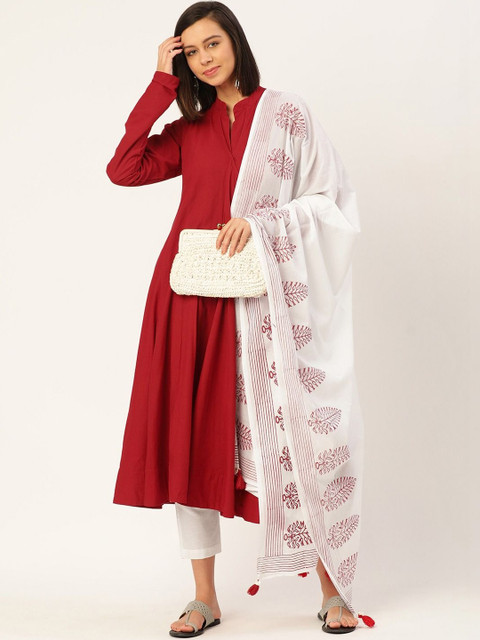 KALINI Floral & Stripes Printed Cotton Dupatta with Tassles