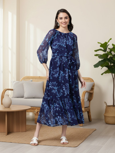 Souchii Navy Blue Floral Layered Chiffon A-Line Midi Dress