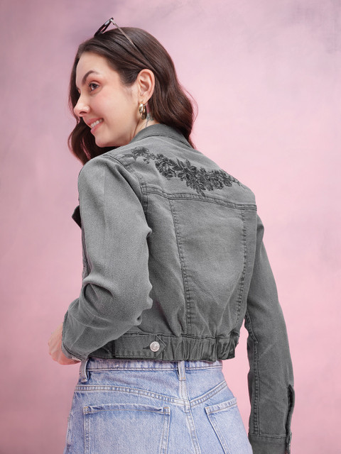 DressBerry Floral Spread Collar Crop Pure Cotton Denim Jacket with Patchwork Detail