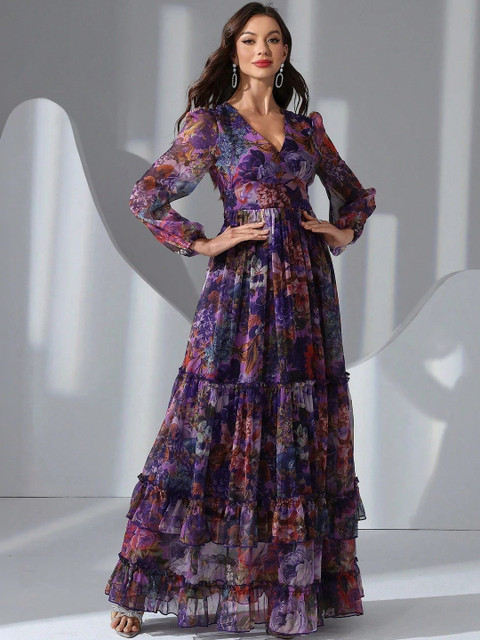 SZN Floral Print Ruffled Crepe Maxi Dress