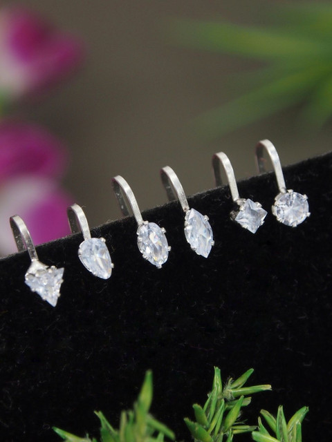 I Jewels Set Of 6 Silver-Plated Cubic Zirconia Studded Nosepin
