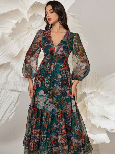 SZN Floral Print Puff Sleeve Ruffled Crepe Maxi Dress