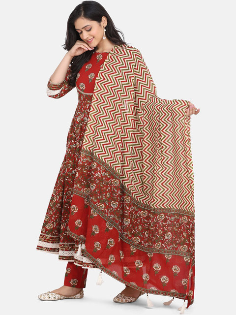 KALINI Floral & Stripes Printed Cotton Dupatta with Tassles