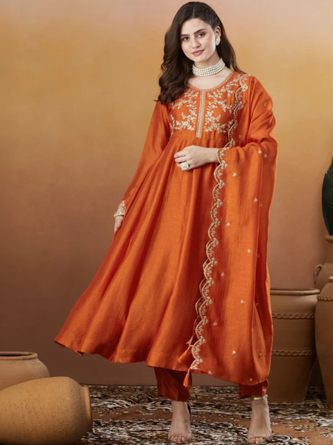 J.KANJI Women Ethnic Motifs Embroidered Panelled Thread Work Dupion Silk Kurta with Trousers & With Dupatta