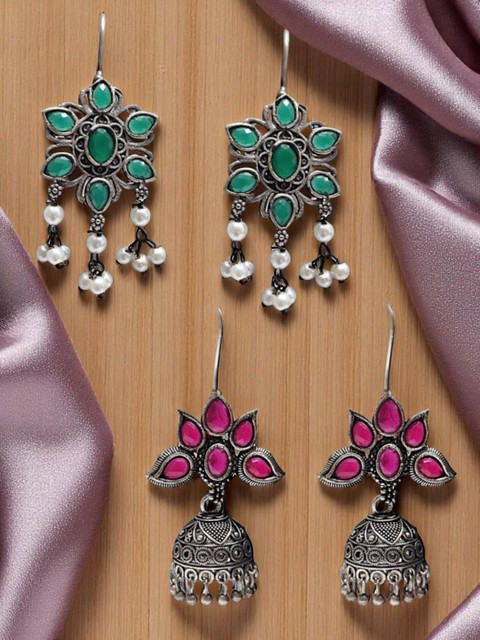 Sangria Set Of 2 Oxidised Stones Studded Jhumka & Drop Earrings