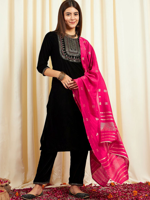 Sangria Ethnic Motifs Yoke Embroidered Velvet Round Neck Kurta & Trousers With Dupatta