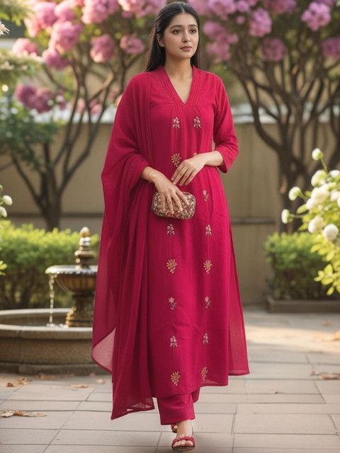 SZN Women Embroidered Regular Kurta with Trousers & With Dupatta
