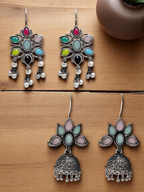 Sangria Set Of 2 Oxidised Stones Studded & Beaded Jhumka & Drop Earrings