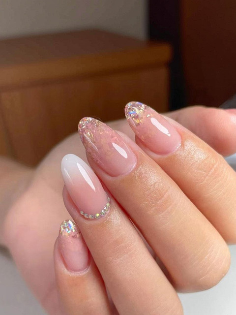 TheVineGirl Set Of 24 Artificial Reusable Press On Nails With Kit - Pink & Crushed Glitter