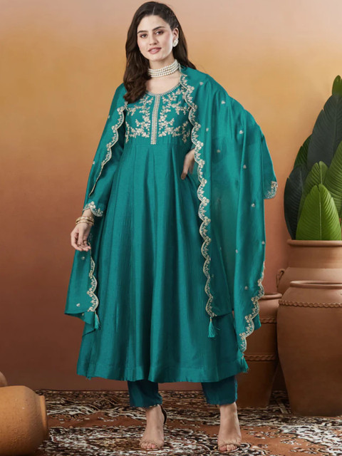 J.KANJI Women Ethnic Motifs Embroidered Empire Thread Work Dupion Silk Kurta with Trousers & With Dupatta