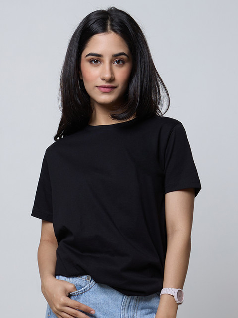 LoveDky Women Solid Round Neck Cotton T-shirt