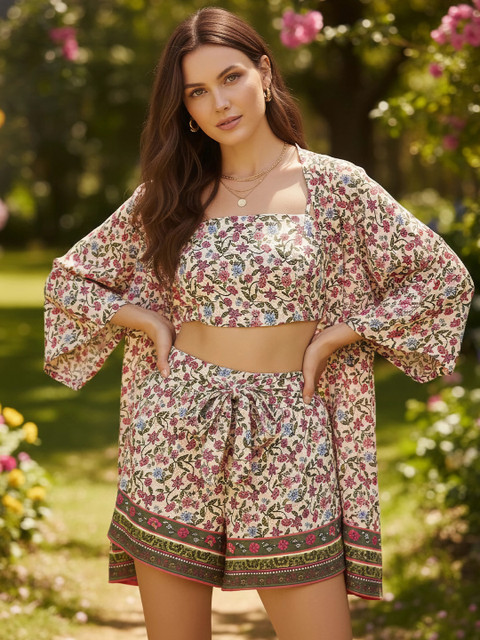 Berrylush Pink Floral Printed Shoulder Straps Casual Crop Top With Short & Shrug