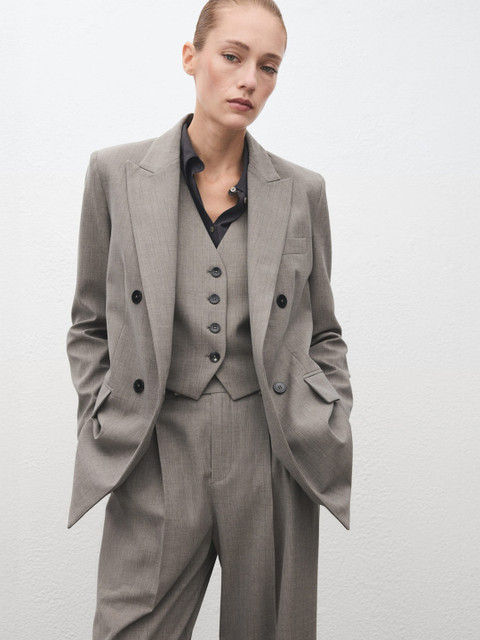 MANGO Notched Lapel Double-Breasted Wool Blend blazer