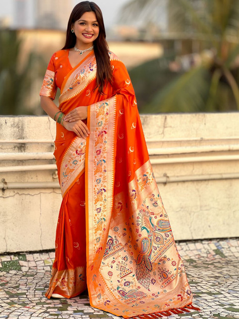 ELITE WEAVES Ethnic Motifs Zari Silk Blend Handloom Paithani Saree