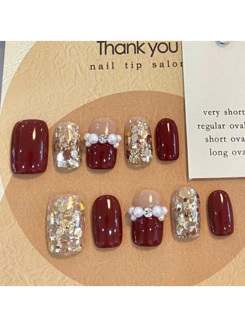 TheVineGirl Set Of 24 Press On Nails With Kit - Golden & Maroon With Pearl & Glue