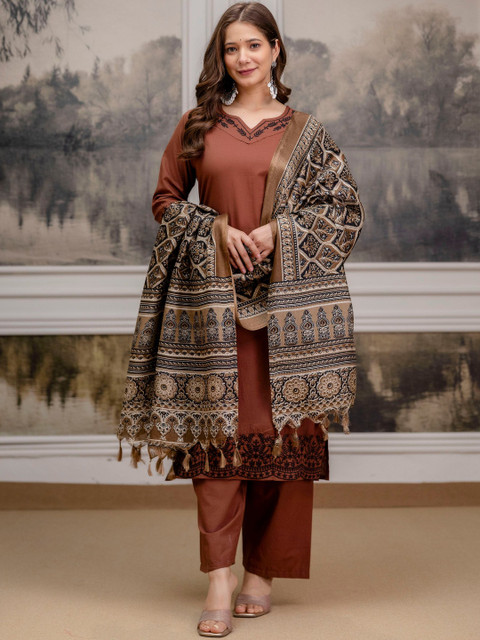 KALINI Women Ethnic Motifs Embroidered Regular Thread Work Pure Cotton Kurta with Patiala & With Dupatta