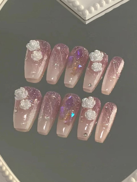 TheVineGirl Set Of 24 Artificial Reusable Press On Nails With Kit - Purple With Flower