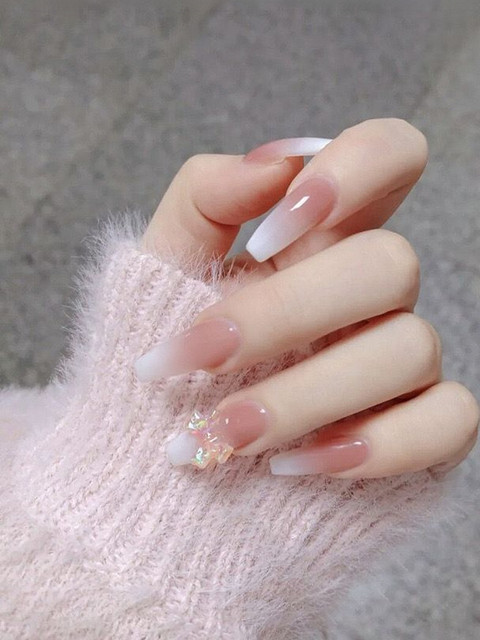 TheVineGirl Set Of 24 Artificial Reusable Press On Nails With Kit - Pink Cream With Bow