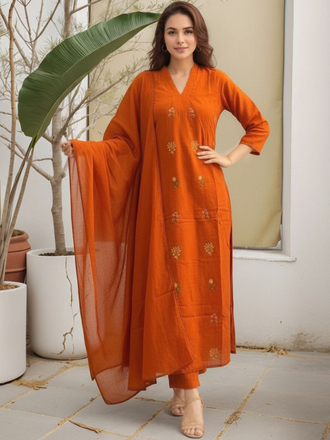SZN Women Embroidered Regular Thread Work Kurta with Trousers & With Dupatta