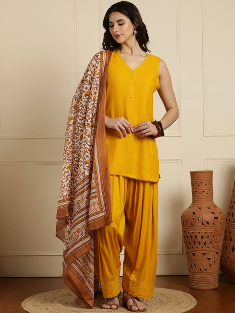 Anouk Solid Straight Kurta with Farshi Salwar & Dupatta
