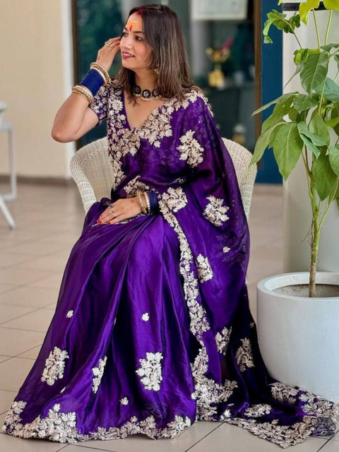 ROFOLO Embellished Embroidered Art Silk Heavy Work Saree