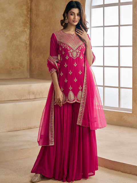 SHOPLANCE Women Ethnic Motifs Embroidered Regular Kurta with Sharara & With Dupatta