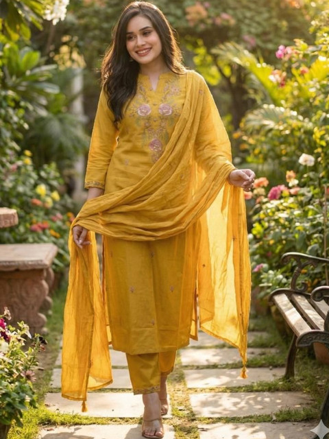 Kethi Fashion Women Ethnic Motifs Embroidered Regular Thread Work Kurta with Trousers & With Dupatta