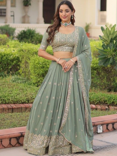 Livewear Embroidered Sequinned Semi-Stitched Lehenga & Blouse With Dupatta