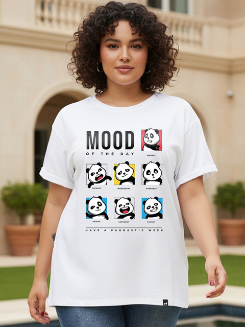 Bewakoof Plus Mood of the Day Panda Graphic Printed Pure Cotton Boyfriend T-shirt