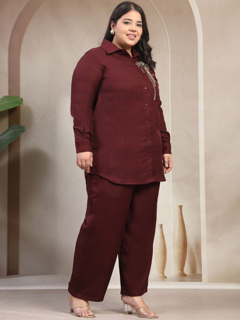 plusS Embellished Shirt Collar Long Sleeves Shirt & Trousers Co-Ords - Image 5