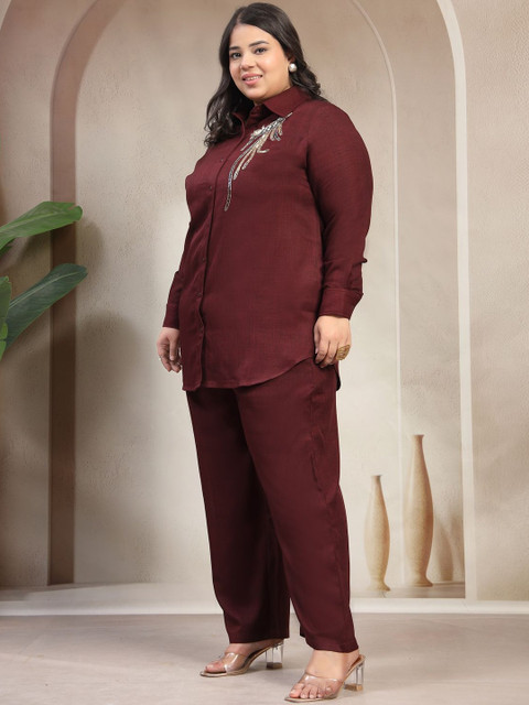 plusS Embellished Shirt Collar Long Sleeves Shirt & Trousers Co-Ords - Image 4