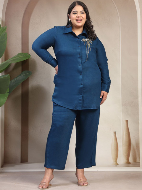 plusS Embroidered Shirt Collar Long Sleeves Shirt & Trousers Co-Ords