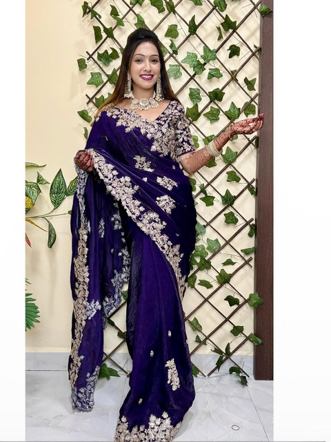 ROFOLO Embellished Embroidered Art Silk Heavy Work Saree