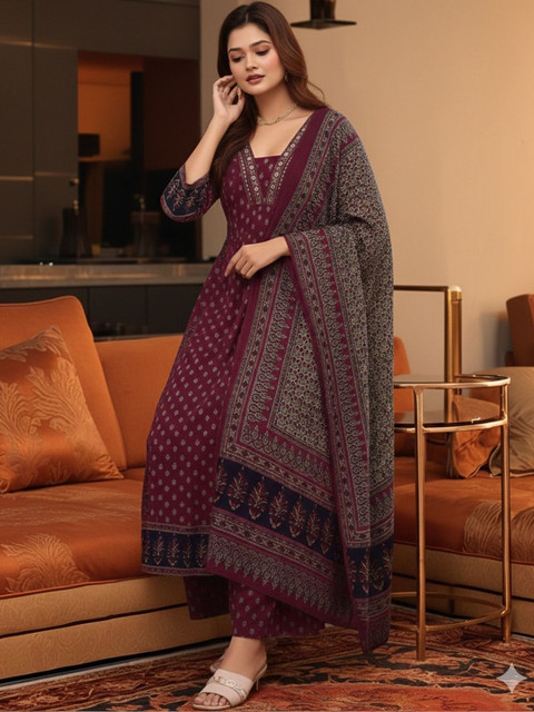 Aaghnya Women Ethnic Motifs Printed Regular Kurta with Trousers & With Dupatta