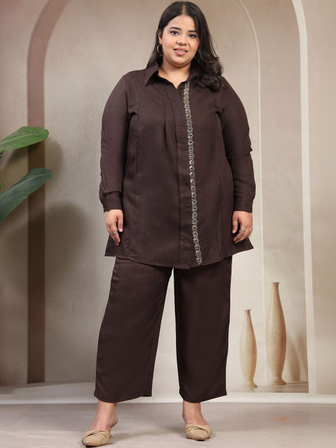 plusS Embroidered Shirt Collar Shirt & Trousers Co-Ords