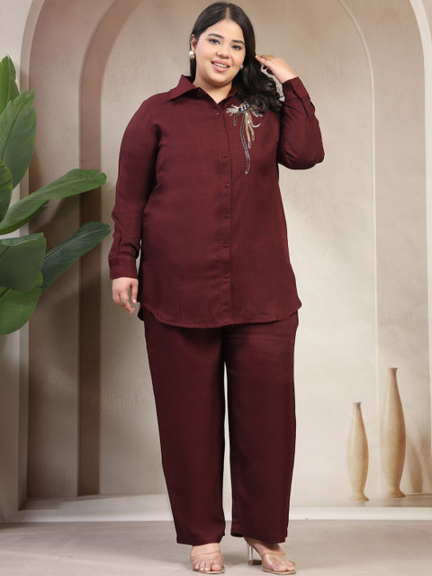 plusS Embellished Shirt Collar Long Sleeves Shirt & Trousers Co-Ords