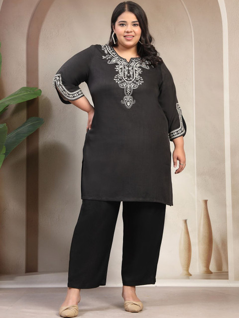 plusS Embroidered Round Neck Long Sleeves Tunic & Trousers Co-Ords