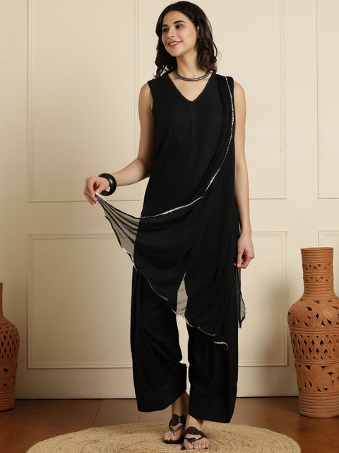 Anouk Solid Straight Kurta with Farshi Salwar & Dupatta