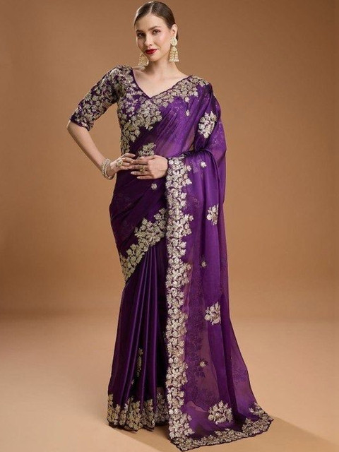 ROFOLO Embellished Embroidered Art Silk Heavy Work Saree