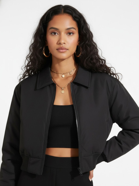 glitchez Spread Collar Crop Padded Bomber Jacket