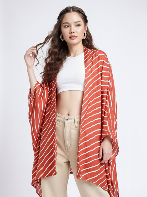 fusion by glitchez Striped Kimono Sleeves Longline Open Front Shrug