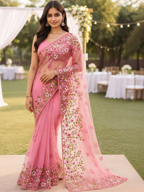 HERE&NOW Floral Embroidered Net Designer Saree