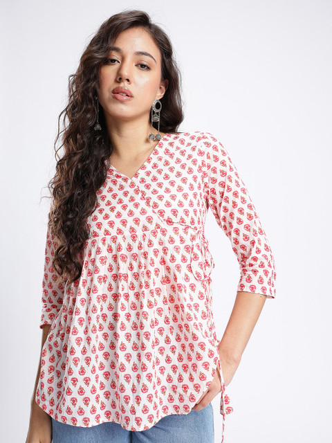 fusion by glitchez Floral Printed V-Neck Angrakha Kurti