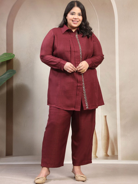 plusS Embroidered Shirt Collar Long Sleeves Tunic & Trousers Co-Ords